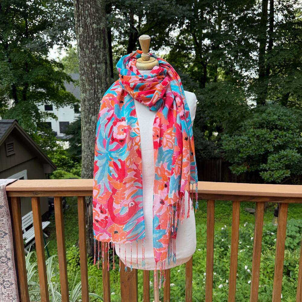 Lilly Pulitzer Silk Cashmere Tropical Flamingo Fringe Scarf Wrap - Picture 9 of 13